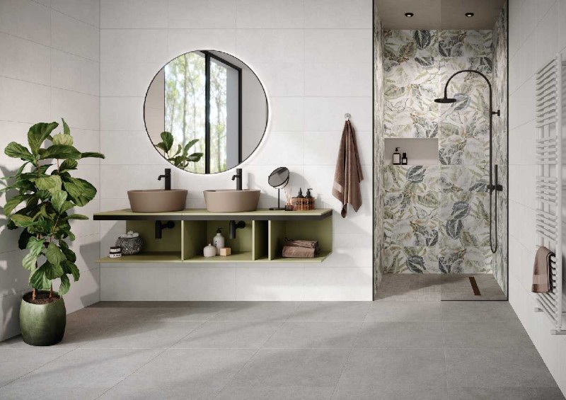 Agrob Buchtal-Lounge-Boden-Wand-Decor-Mosaik-Fliese-Stein-Optik-Matt-grau-grau-weiss-beige-gruen-Bad-Dusche