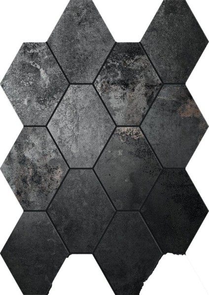 Unicom Starker Oxid Iron Hexagon Dekorfliese 25x34 R10/B Art.-Nr. 9268 - Metalloptik Fliese in Schwarz/Anthrazit