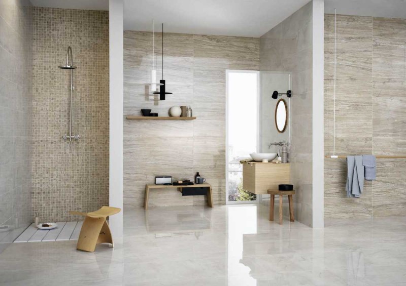 Marazzi Allmarble glänzende Fliesen und Mosaik - Inspiration Badezimmer - Beige - Natursteinoptik